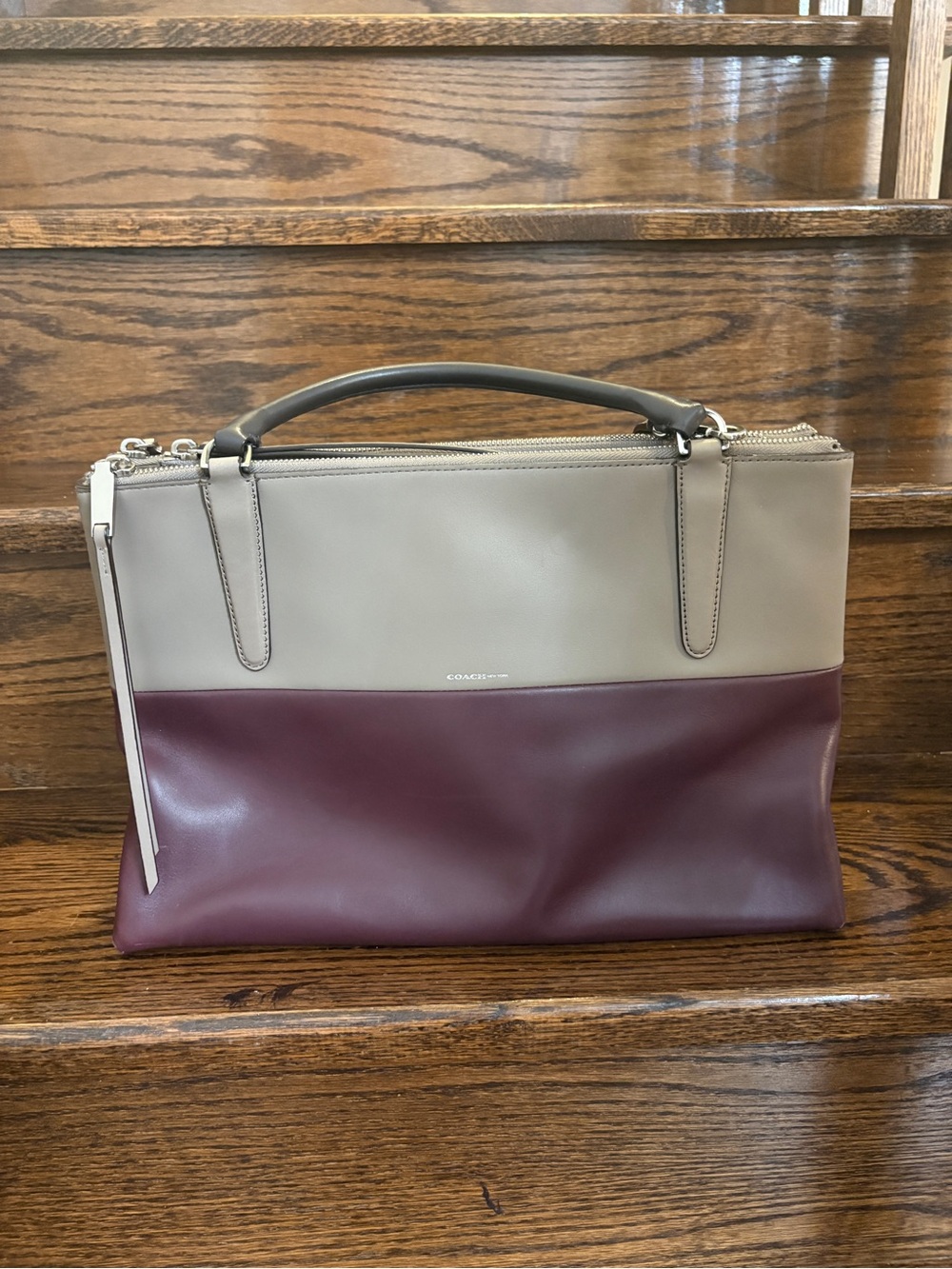 Coach Colorblock Leather Top-Handle Satchel Taupe & Burgundy Triple Compartment